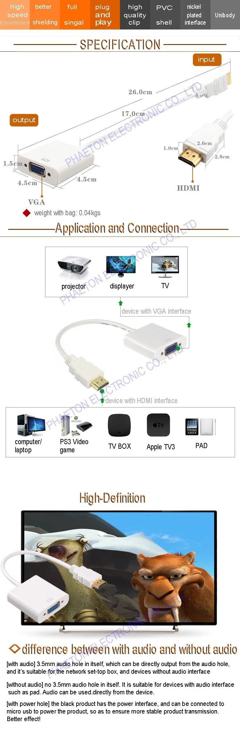 HDMI to VGA Adapter with Audio Power Supply Converter Cable 1080P